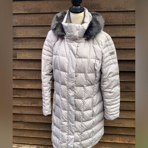 Calvin Klein grey long warm coat with faux fur